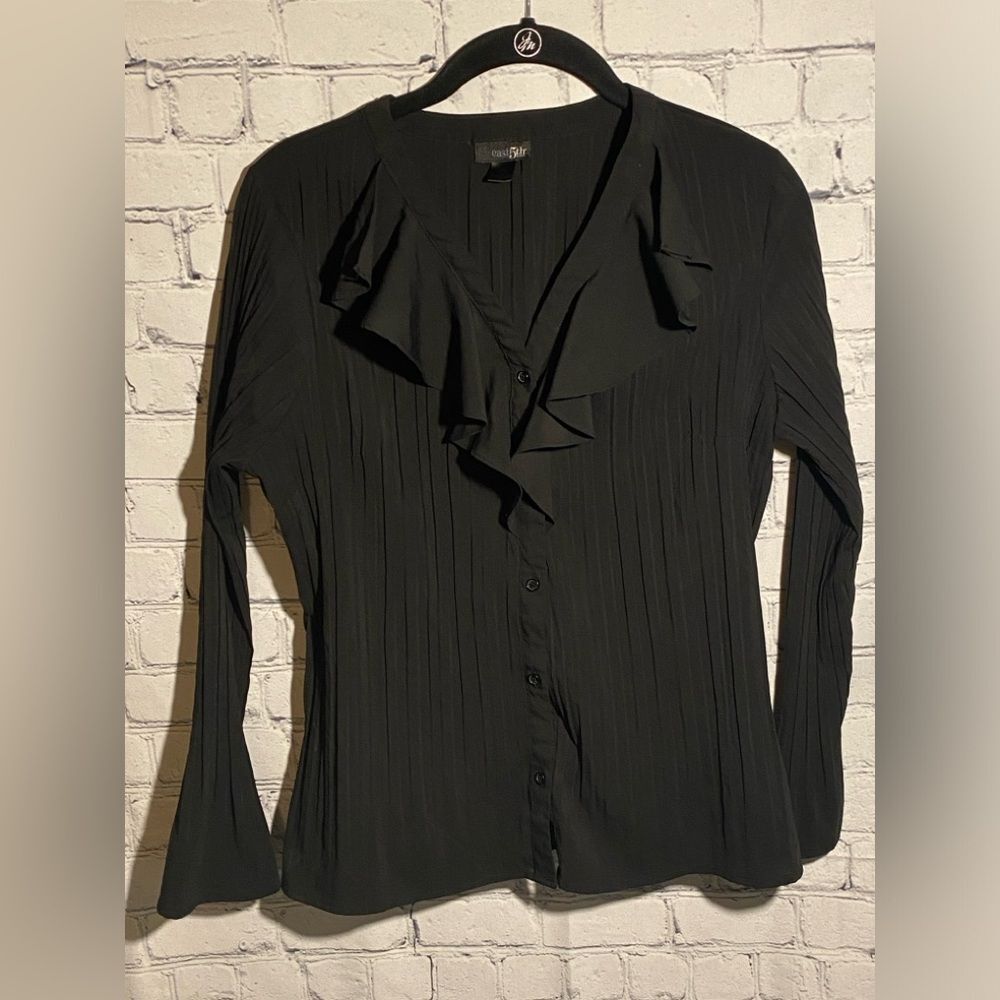 East 5th Women's Ruffle Button Up Pleated Long Sleeve Blouse Sz L Petite Black